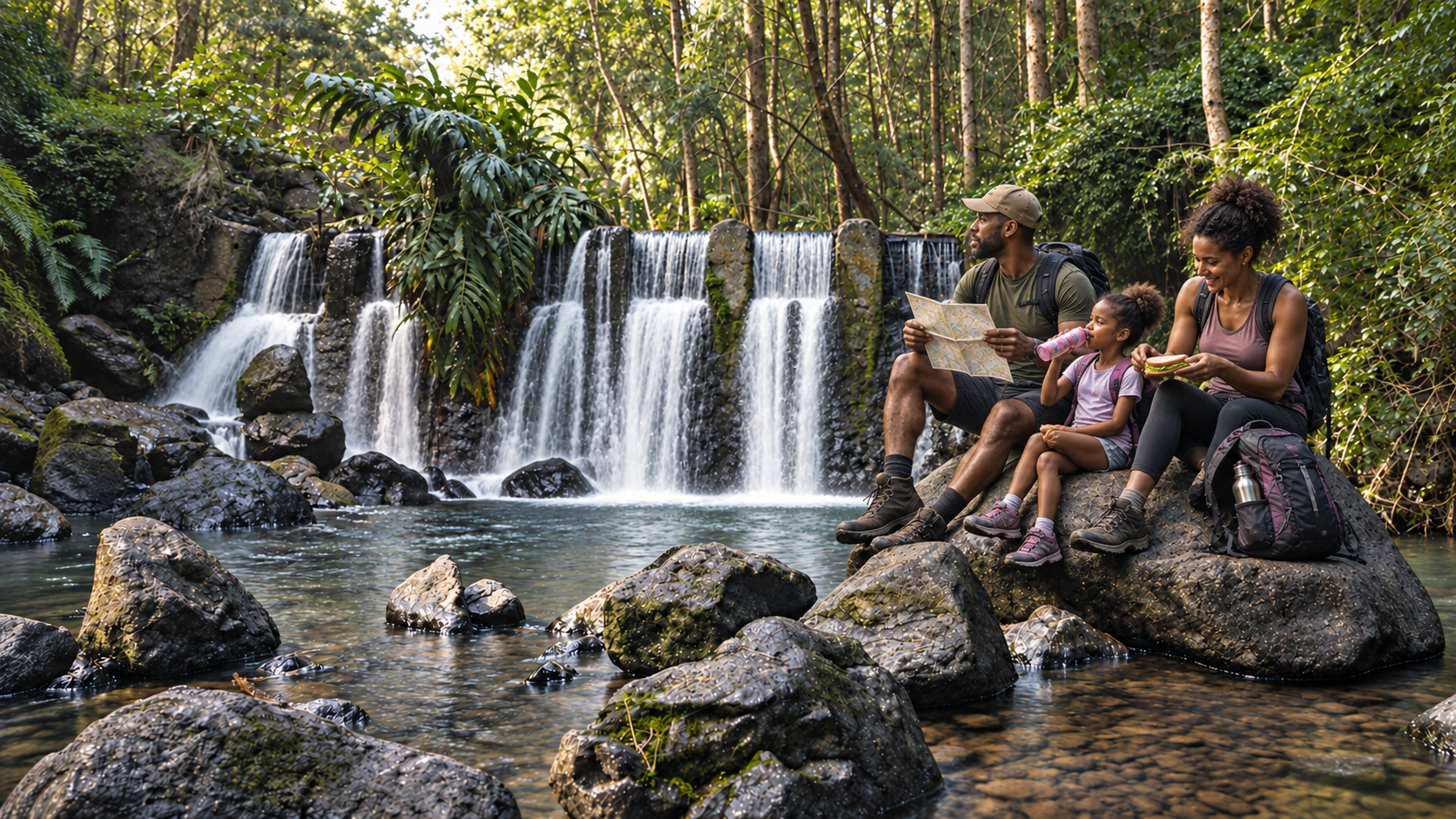 Family hiking near a waterfall on Réunion Island