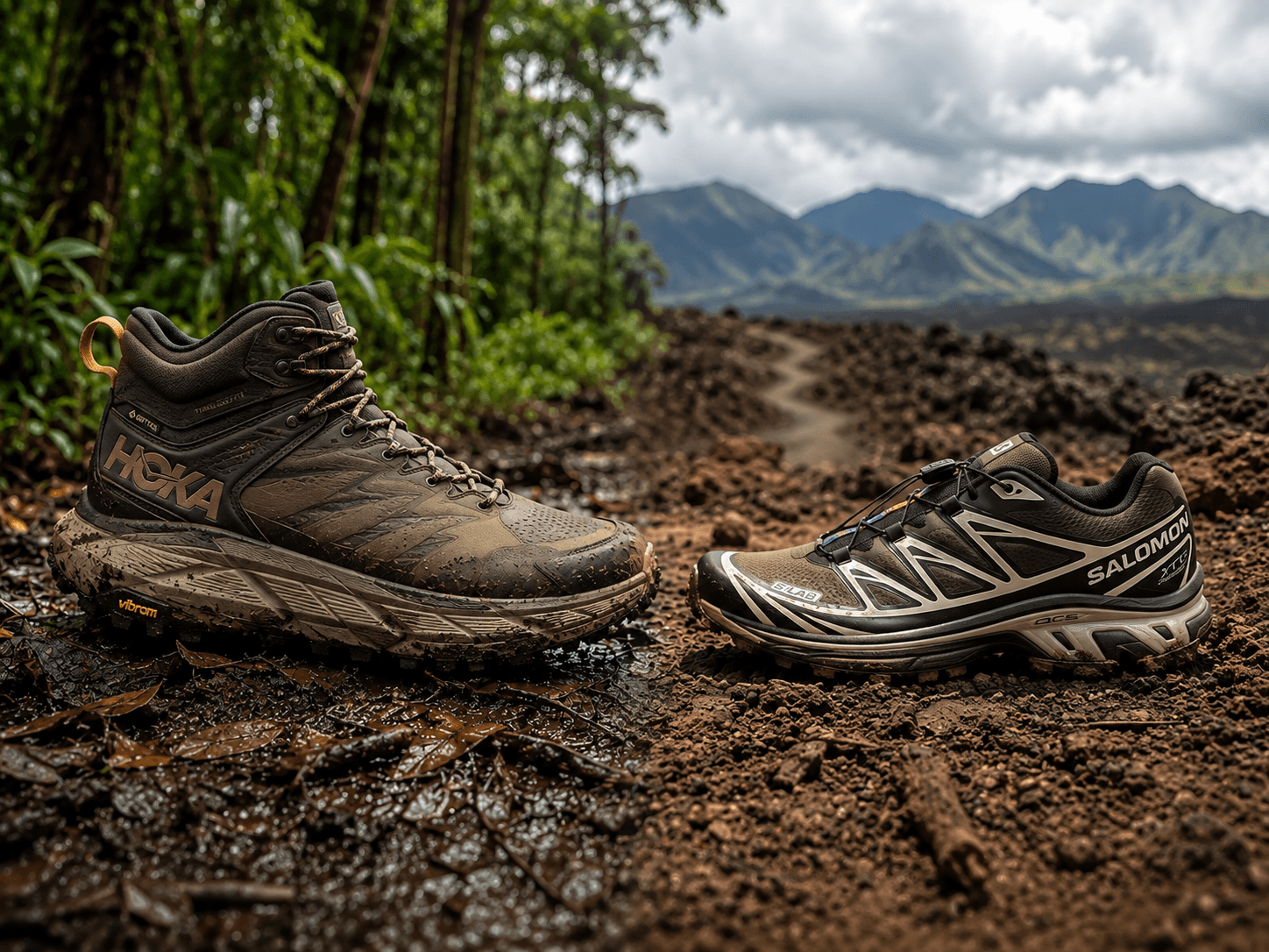 Chaussures de trail et randonnée sur un sentier de La Réunion