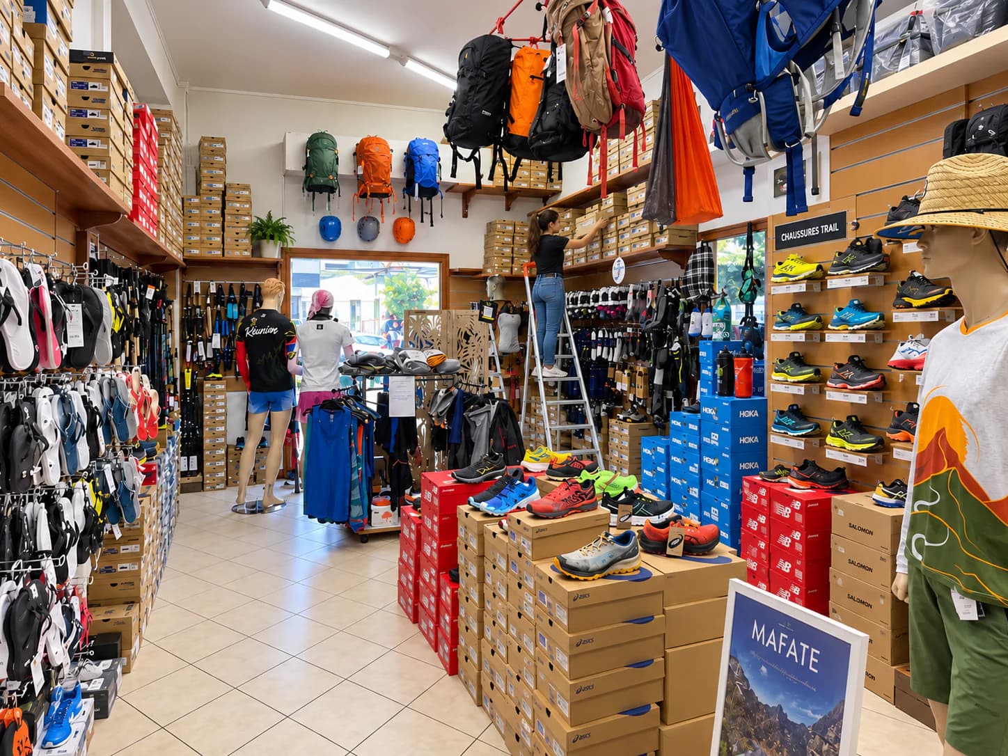 Équipement outdoor et chaussures de trail à l'intérieur de Run Évasion