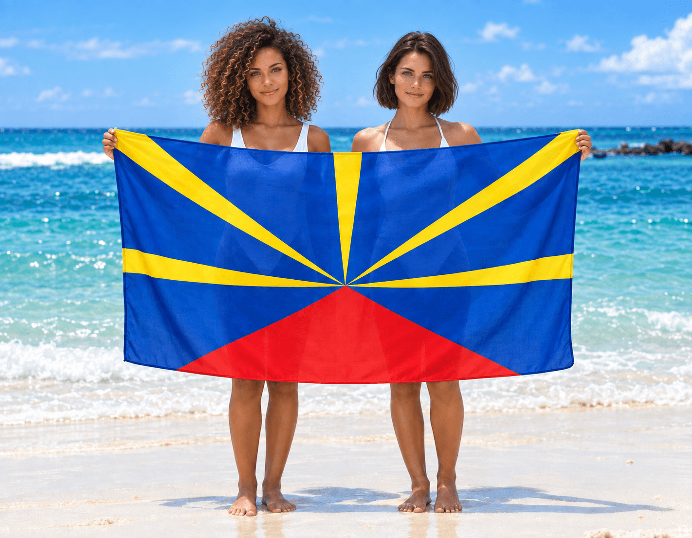 Paréo aux couleurs de La Réunion présenté sur une plage