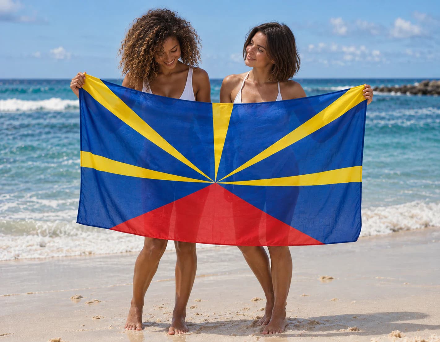 Paréo aux couleurs de La Réunion présenté sur une plage